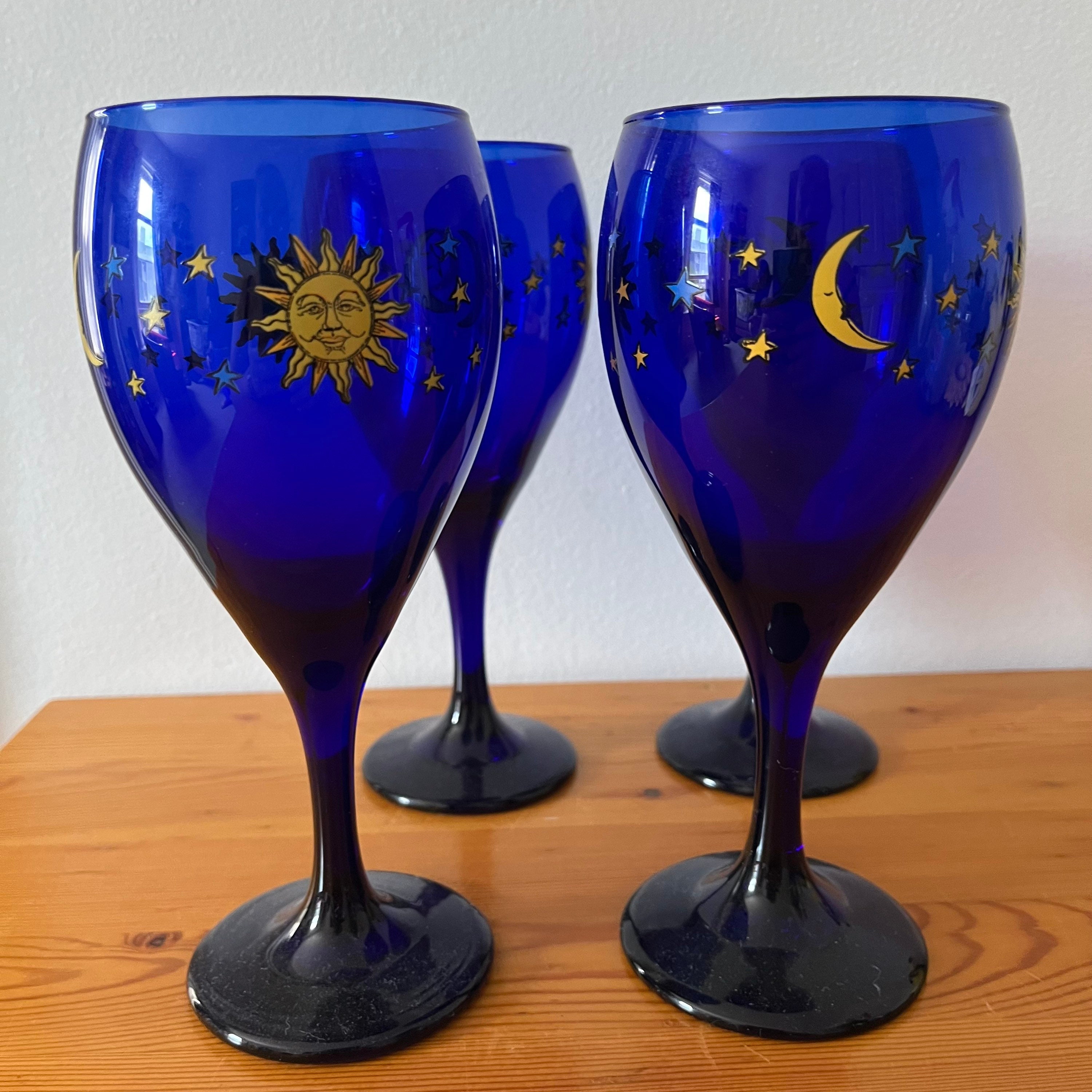 Vintage 90's Libbey Celestial Sun Moon & Stars Cobalt Blue Wine