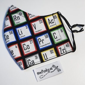 Masque facial Tableau périodique des éléments Chimie Tissu Réutilisable Coton Masque facial Triple trois couches avec polypropylène et boucles d’oreille réglables