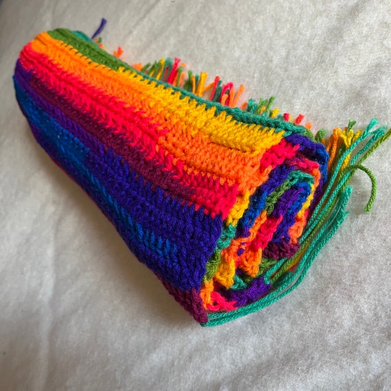 Beautiful Hand Crocheted Rainbow Scarf with Fring… - image 4