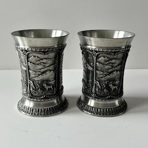 Vintage SKS 95% Zinn Pewter Cups Glasses Forest Mountain Deer Scene Set of Two