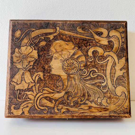 Antique Art Nouveau Flemish Art Co Manufacturing Handmade Pyrography Wood Burning Jewelry Handkerchief Vanity Box  Alphonse Mucha Style
