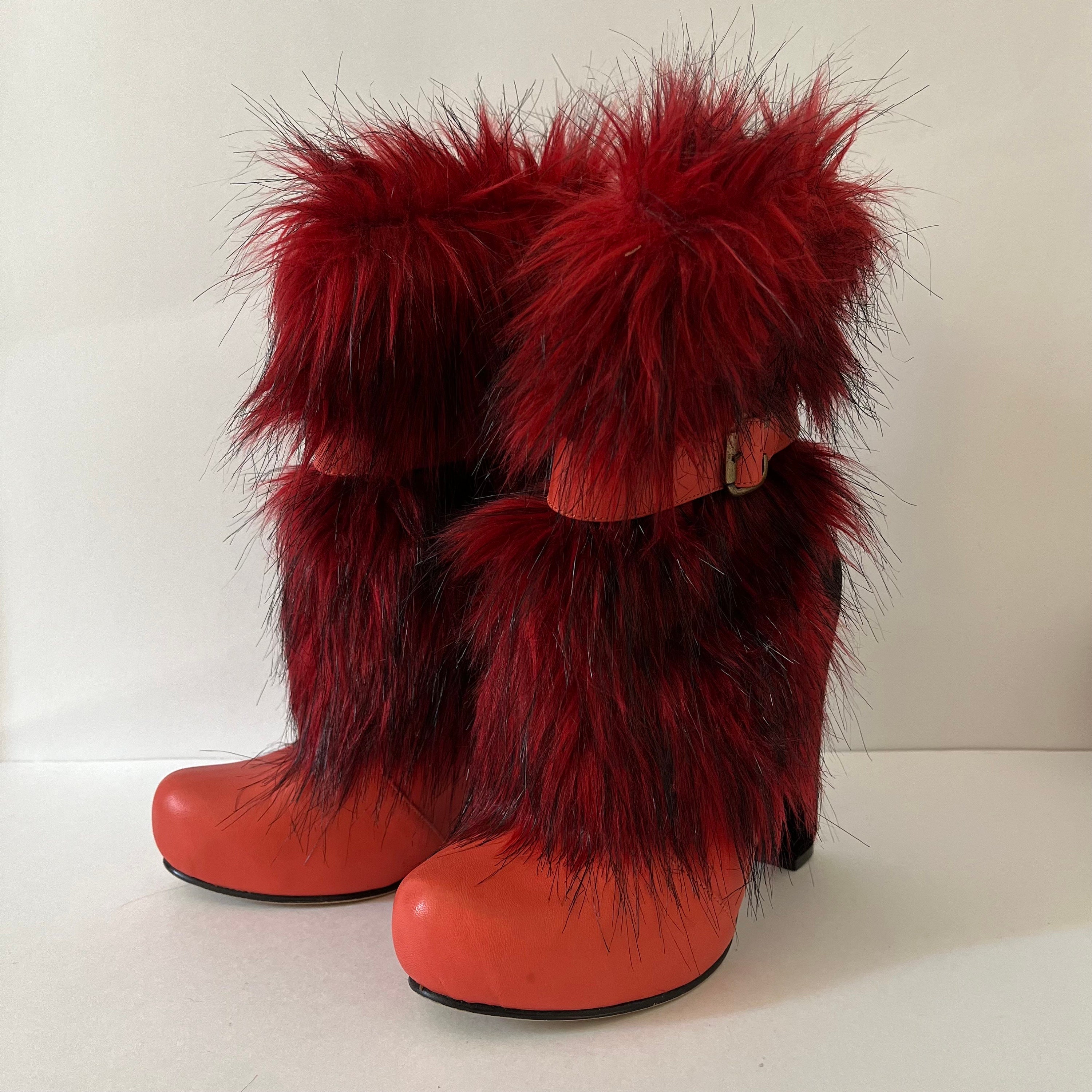 Vintage Red Pearl - MC Chunky Faux Fur High Heel Short Booties 