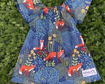Child's Fox Dress Sewfunky Pixie Dress Navy Into the Woods Fox Forest Woodlandia Cottagecore Tunic Toddler Dress