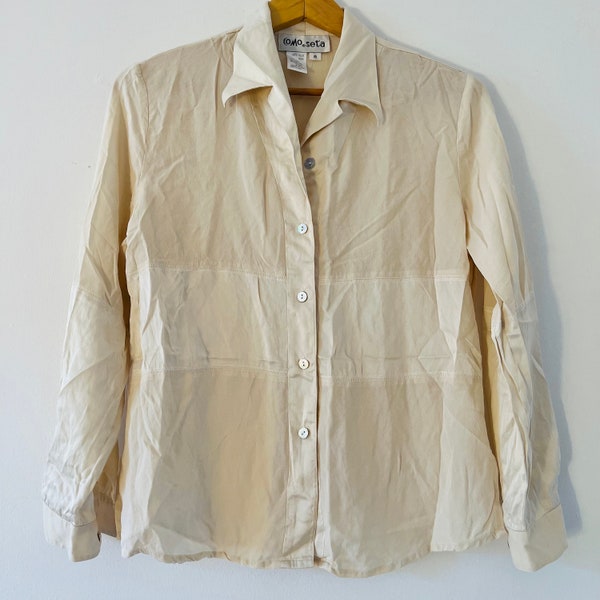 Vintage Y2K Fashion Como Seta Cream 100% Silk Button Up Blouse Size 8