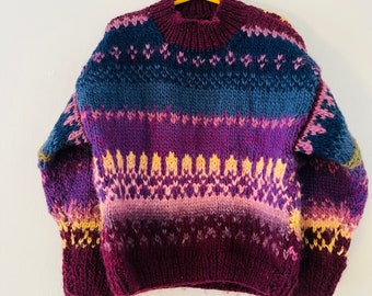 Vintage Hand Knit Wool Blend Child's Sweater Purple Blue Yellow Icelandic Style Size 6-8 years