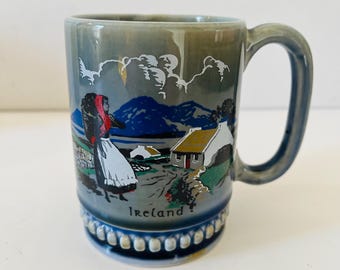 Vintage Wade Irish Porcelain Coffee Mug | Mid Century Folk Art Irish Cottage Scene Souvenir Tankard Blue Grey Mottled Glaze Made in Ireland