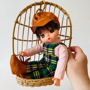 Vintage 1970&#39;s Monchhichi Sekiguchi Big Eye Doll Prairie Style Original Clothing Cottagecore Kawaii Made in Japan