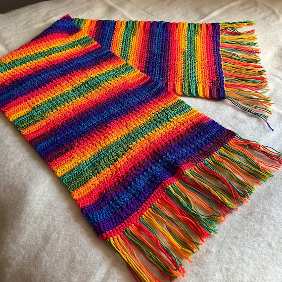 Beautiful Hand Crocheted Rainbow Scarf with Fring… - image 1