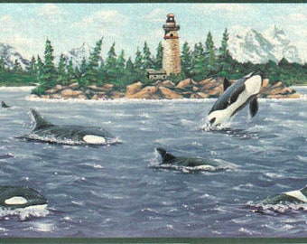 Vintage Set of Two Lighthouse Whale B2153NF Wallpaper Border Home Decor Prepasted Wall Trim Decor 10.1 inches tall 5 yards long