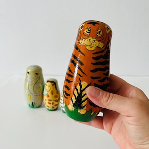 Vintage Set of Wooden Stacking Dolls Wild Animals Matryoshka Nesting Dolls Collectible Toy Tiger Elephant Giraffe Zebra Monkey