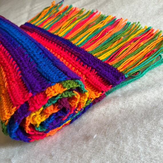 Beautiful Hand Crocheted Rainbow Scarf with Fring… - image 3