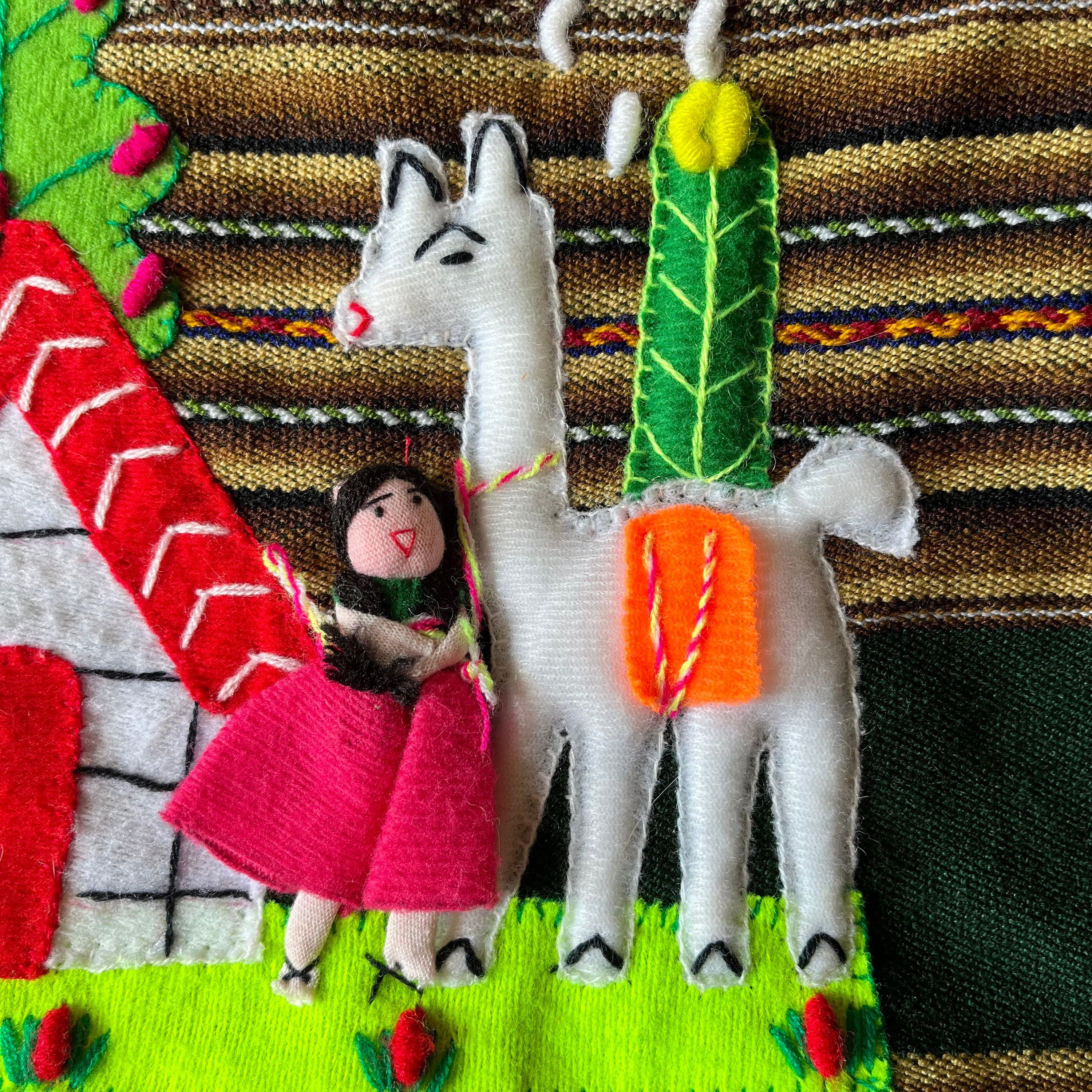Vintage Handmade Peruvian Arpillera Mini Backpack - Llama & Cactus Design Vintage Handmade Embroidered Peruvian South America Llama  main image 4