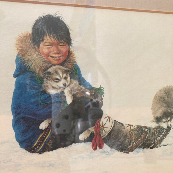 Vintage Inuit Print of  Dorothy Francis Painting Child Amauti Husky Frame w/ Glass & Mat  Winter Wall Hanging Art