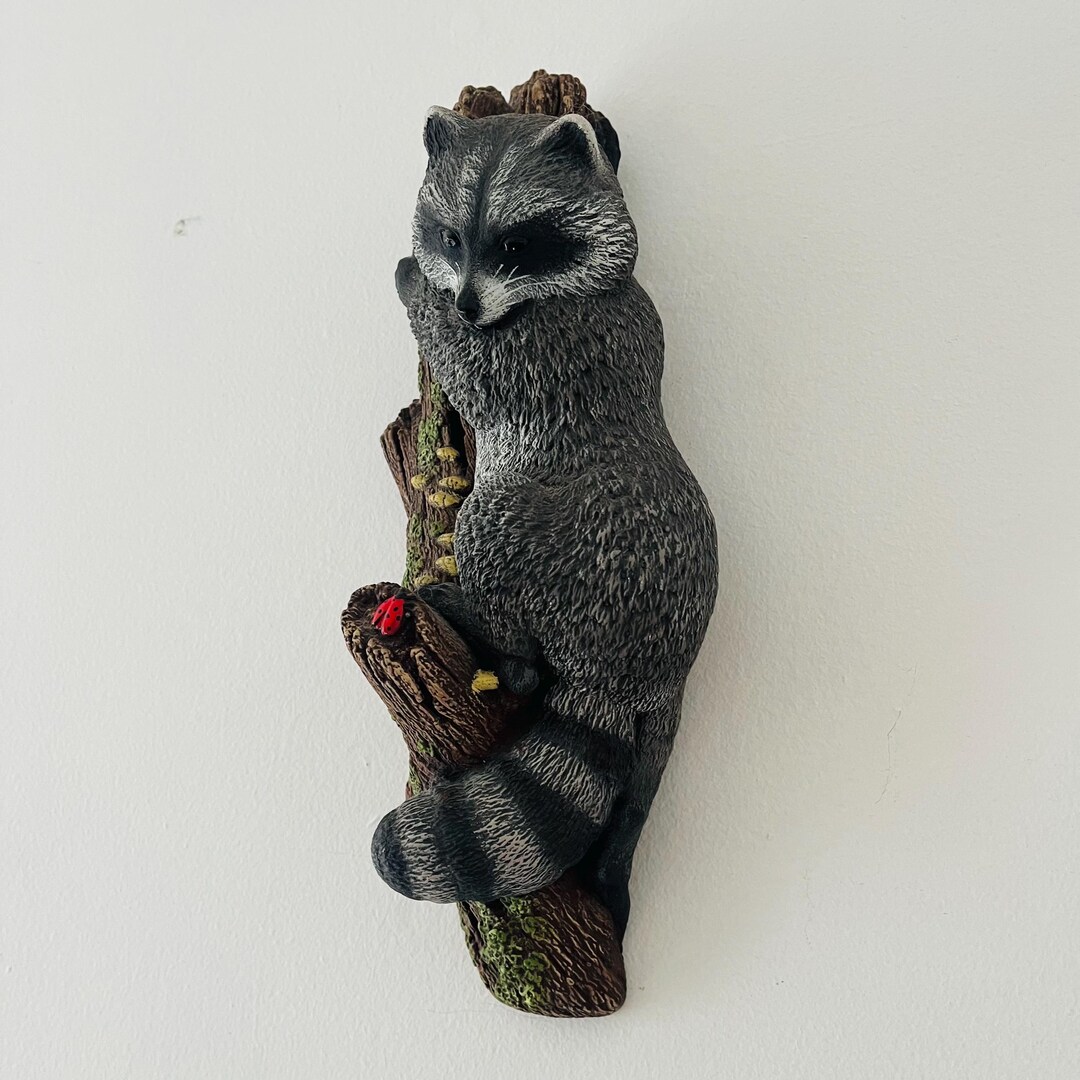 Vintage Chalkware Hand Painted Raccoon on Tree With Fungus Woodland ...