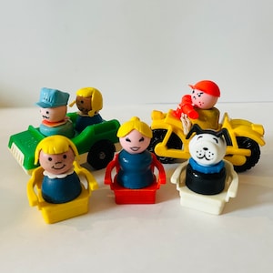 Vintage Fisher Price Little People Toys 1960s 1970s Conductor Mom Children Dog Lot of 6 Characters 2 Vehicles 3 Chairs Retro Toy Nostalgia