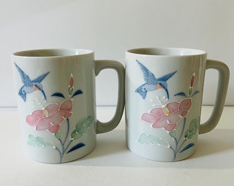 Vintage Otagiri Hummingbird Embossed Coffee Cup Tea Mug Hand Painted Pottery Mug Made in Japan Set of Two