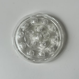 Puede incluir: Un jarrón de flores de vidrio transparente con 13 agujeros para sujetar los tallos. El jarrón es redondo y tiene una superficie lisa.