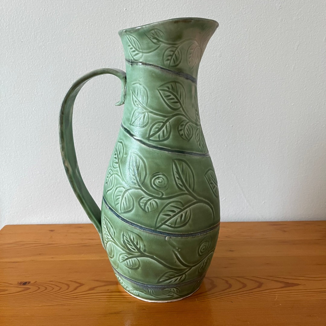 Hand Thrown Large Pottery Pitcher Jug Vase With Leaves Signed Melissa
