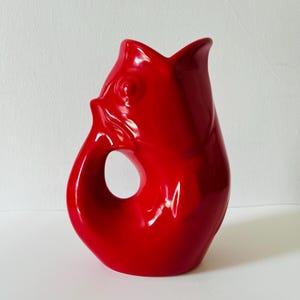 Vintage Ceramic Fish Gluggle Glossy Red Pitcher Gurgling Jug Gurgle Pot Vase Vessel Container Matt Ellison