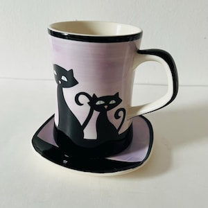 Vintage HuesNBrews Hand Painted Siamese Cat and Kitten Silhouettes on Purple Novelty Coffee Cup Tea Mug with Saucer Plate - Cat Lovers Gift