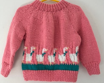 Vintage Hand Knit Acrylic Geese Ribbon Goose Baby Pullover Sweater Jumper size 6-12 months