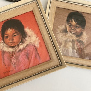 Vintage Inuit Prints of  Dorothy Francis Paintings Inuit Children Amauti  Frame w/ Glass & Mat Wall Hanging Art x 2