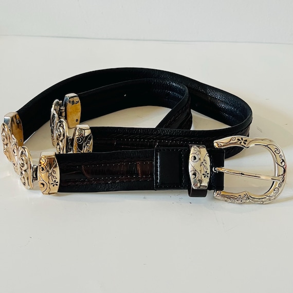 Vintage 1990's Brighton Leather Black Belt With Silver Metal