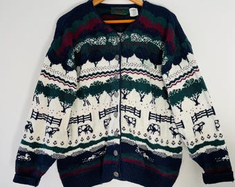 Vintage 80's Northern Reflections Parkhurst Cotton Blend Cottagecore Cow Farm Button Up Cardigan Sweater Size Large * See Description