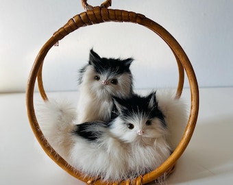 Vintage Rabbit Fur Cats Kittens with Pink Nose and Realistic Eyes in Hanging Wicker Rattan Basket