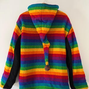 Vintage Hand Knit Rainbow Pixie Hood Fleece Lined Full Zip Wool Cardigan Sweater Jacket Coat Size Large