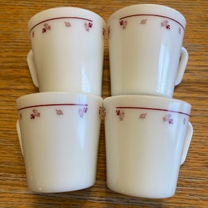 Vintage Pyrex 1410 Burgundy Rose D-Handle Mugs Pyrex Burgundy Rose pattern 1972-1975. Diagonal Handle Coffee Mugs Cup Milk Glass