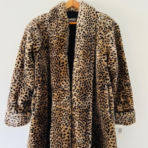 Vintage 80's Monterey Fashions Faux Fur Coat Leopard Cheetah Brown