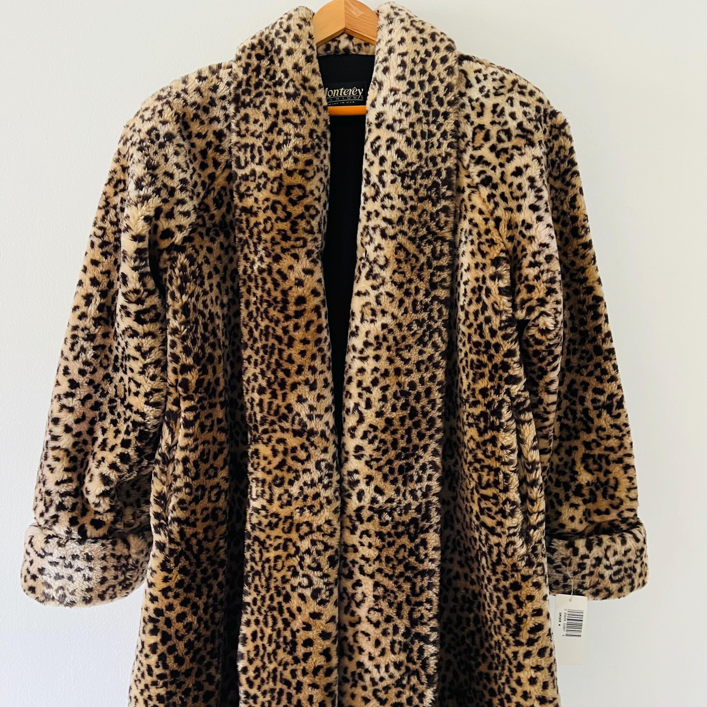 Vintage 80's Monterey Fashions Faux Fur Coat Leopard Cheetah Brown