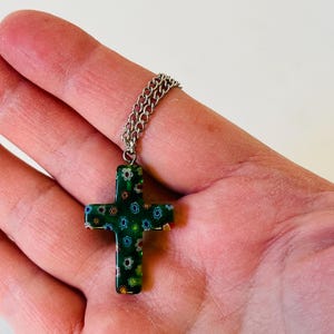 Vintage Millefiori Murano Art Glass Green Cross with Flowers Pendant Necklace 18 inch Chain