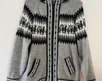 Vtg Black and Gray Peruvian Alpaca Wool Knit Sweater Zip Up Hooded Cardigan Peru Llama Woolen Sweaters  Size Large