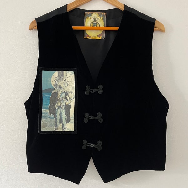 Vtg Upcycled Steampunk Vest Magician Tux White Rabbit Collages by Retro G Couture Size 40