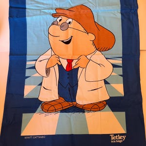 Paño de té vintage Tetley, 100 % algodón, con publicidad, sin usar, de recuerdo, de lino, Wyatt Cattenao, fabricado en Gran Bretaña