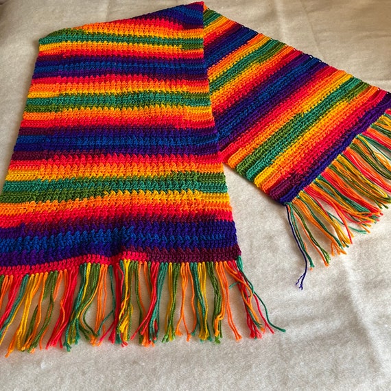 Beautiful Hand Crocheted Rainbow Scarf with Fring… - image 6