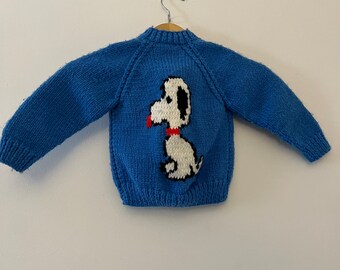 Vintage Hand Knit 100% Wool Snoopy 4087 Mary Maxim Sweater Cardigan Child Size 1960s