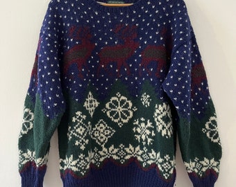 Vintage Britches Hand Knit Pure Virgin Wool Fair Isle Sweater Pullover Jumper Size Large Holiday Sweater