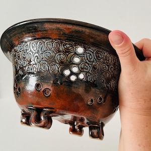 Vintage Studio Art Pottery Stoneware Large Footed Fruit Bowl Etched and Glazed in Beautiful Earthy Design