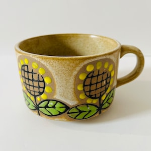 Tazza da zuppa di girasole vintage in gres maculato con manico Ciotola da zuppa Tazze retrò da cucina vintage Tazze realizzate in Giappone