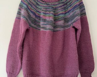 Vintage Hand Knit Acrylic Purple Blue Green Variegated Pullover Sweater Jumper Size Medium