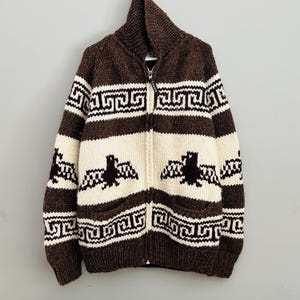 Vintage Kanata 100% Wool Hand Knit Shawl Neck Full Zip Cardigan Sweater Cowichan Siwash Style Eagle Design Size XL-XXL