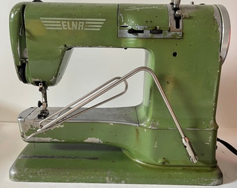 VINTAGE Swiss ELNA “GRASSHOPPER" Green Sewing Machine Model 50 - With Case Made in Switzerland