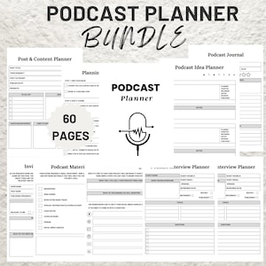 以下が含まれることがあります： ポッドキャスター向けの白黒の印刷可能なプランナーページ。ページには、計画、コンテンツ作成、スケジュールのためのセクションが含まれています。プランナーには、ポッドキャストジャーナル、アイデアプランナー、インタビュープランナーも含まれています。