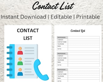Editable Contact List Template, Printable Address Book (Digital Download)