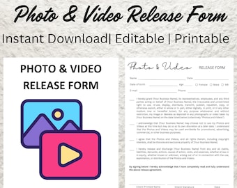 May include: A printable photo and video release form with a pink and purple image of mountains and a pink play button. The form includes fields for name, date of birth, age, email, phone, date, and client signature. The text "Photo & Video Release Form" is at the top of the form.