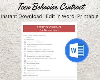 May include: A printable behaviour contract for teenagers at home. The contract includes a list of household rules for teenagers to follow, with checkboxes for each rule. The contract also includes sections for rewards and consequences for abiding by the rules. The document is formatted in a Word document template.