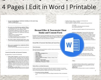 Puede incluir: Un formulario de admisión y consentimiento para rellenos dérmicos, imprimible, con un icono azul de Microsoft Word en la esquina inferior derecha. El formulario incluye secciones para la información del cliente, el historial médico y el consentimiento para los tratamientos de rellenos dérmicos y neurotoxinas.